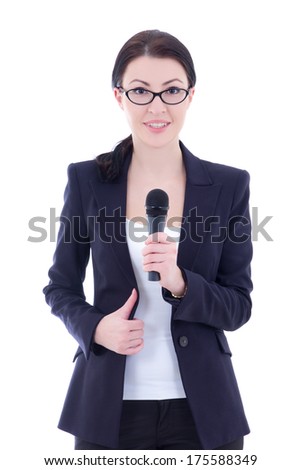 young beautiful female journalist with microphone isolated on white background