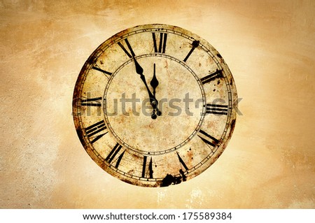 Vintage clock on rough wall. Royalty-Free Stock Photo #175589384