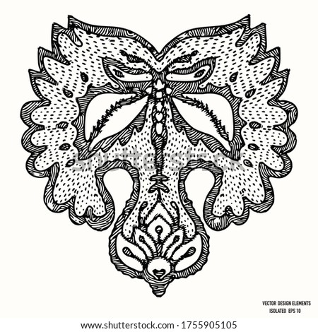 
Boho butterfly ink design element clipart. Isolated decorative hand drawn flower doodle icon. Monochrome tattoo lace embroidery style black and white line art.
