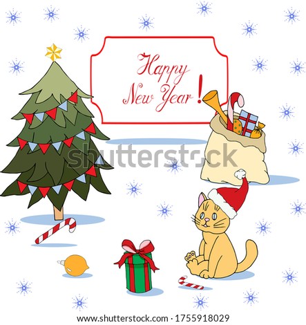 New Year card with cat and green box for gifts. Vector hand draw  Illustration EPS10