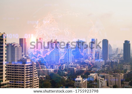 World planet Earth map hologram over panorama city view of Bangkok, Asia. The concept of international connections and business. Multi Exposure. Royalty-Free Stock Photo #1755923798