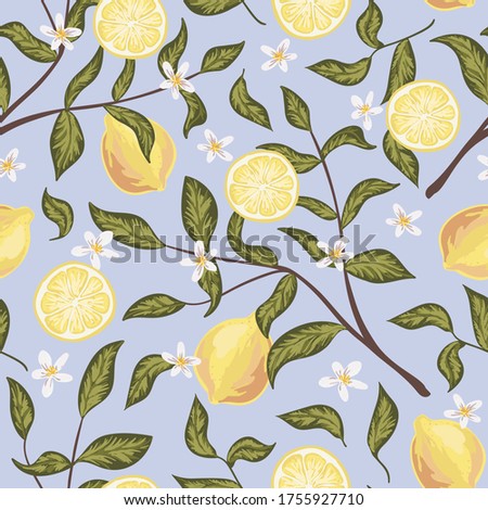 Beautiful seamless pattern with lemons, flowers and branch. Colorful hand drawn vector illustration. Texture for print, fabric, textile, wallpaper.