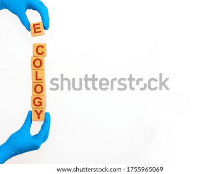 Ecology word concept on wooden blocks in medical hands in glove isolated on White background with copy space