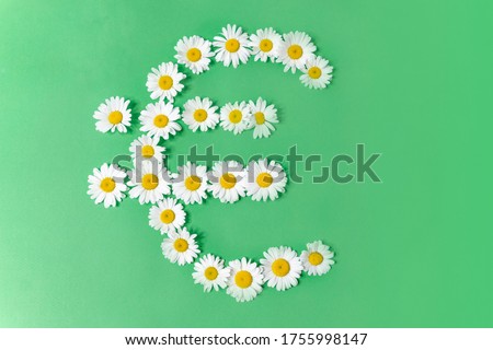 Money euro symbol made of daisies flowers on a green background. Exchange rates, the crisis of the European Union, the success of investors. Contribution to nature and ecology.