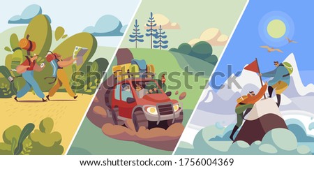 People travel to nature, hiking and mountaineering, road trip in car or trekking with backpacks, vector illustration. Summer outdoor activity, adventure vacation. Man and woman cartoon character route
