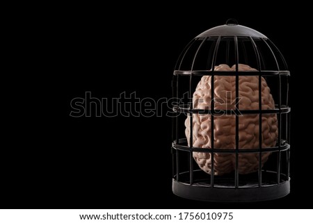 Psychiatry and psychology, helpless mind and hopeless mental state, consciousness and depression conceptual idea with a human brain in a dark cage isolated on black background with copyspace Royalty-Free Stock Photo #1756010975