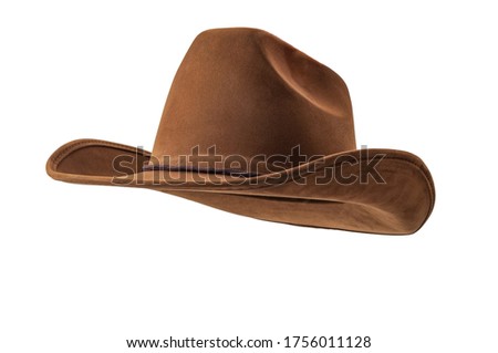 Rodeo horse rider, wild west culture, Americana and american country music concept theme with a brown leather cowboy hat isolated on white background with clip path cut out