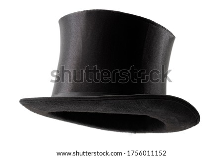 Stylish attire, vintage men fashion and magic show conceptual idea with 3/4 angle on victorian black top hat with clipping path cutout in ghost mannequin technique isolated on white background Royalty-Free Stock Photo #1756011152
