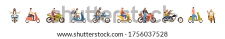 Set of different motorcycle and scooter riders vector flat illustration. Collection of various man, woman and couple drivers in helmets isolated on white background. People on motor transportation Royalty-Free Stock Photo #1756037528