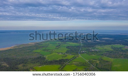 Beautiful panoramic aerial view photo from flying drone over sunny island Muhu ,Saare in the Baltic Sea, County, Estonia (Series)