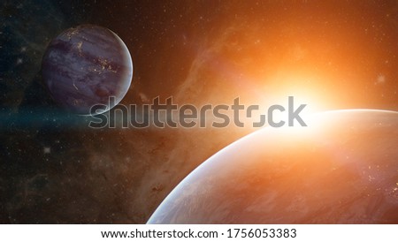 Exoplanet, exomoons and galaxy. Elements of this image are furnished by NASA.