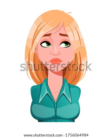Face expression of beautiful woman, disappointed. Female emotion. Cute lady cartoon character. Vector illustration isolated on white background.