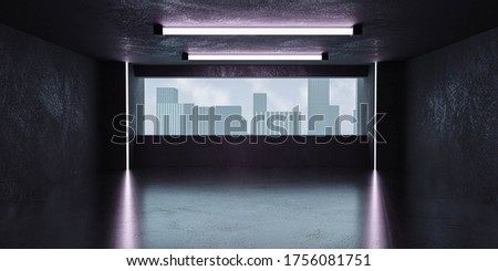 Empty grunge concrete industrial room with view on city skyline and neon lighting with empty copy space to add your content