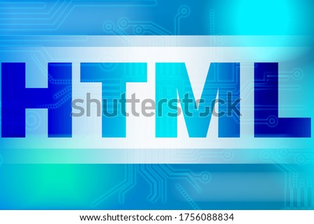 HTML logo close-up. HTML concept on a blue background. Development of computer programs. Writing computer codes. The job of the programmer.