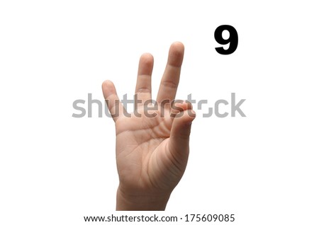 Number 9  kid hand spelling american sign language ASL on white background