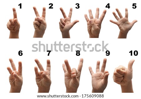 Number 1-10  kid hand spelling american sign language ASL on white background