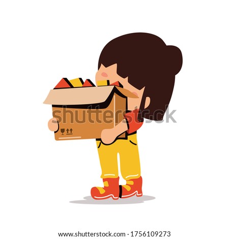 Creative kid playing with cardboard vector flat illustration isolated on white background. little girl bring toy in cardboard. Adorable kids play with cardboard.