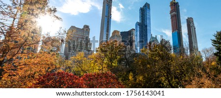 Sunset behind the New York City skyline with the buildings of Manhattan framed by colorful trees of Central Park in fall