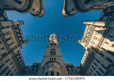 Uprisen angle of Philadelphia city hall with historic building over blue sky background, Pennsylvania, USA or United States of America, Architecture and building, Travel and Tourism concept