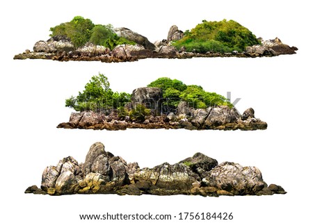 Collection of beautiful trees and rocks on the island on a white background.