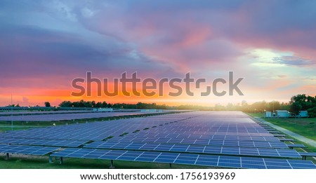 Solar plant(solar cell) with sunset, hot climate causes increased power production, Alternative energy to conserve the world's energy, Photovoltaic module idea for clean energy production. Royalty-Free Stock Photo #1756193969