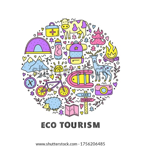 Doodle colored eco tourism icons including deer, camera, bicycle, sun, backpack, first aid kit, mountains, tent, cow, hedgehog, compass, boat composed in circle shape.