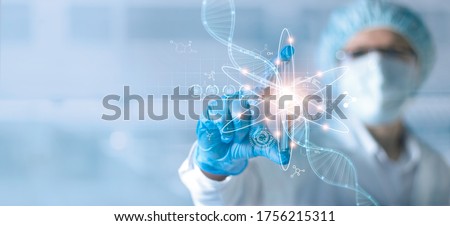 Science and medical, Scientists or Health care researcher holding test tube and analyzing data DNA gene transfer and gene therapy disease treatment and prevention in scientific chemical laboratory. Royalty-Free Stock Photo #1756215311