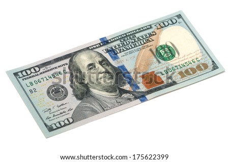 one hundred dollar bill closeup on white background Royalty-Free Stock Photo #175622399