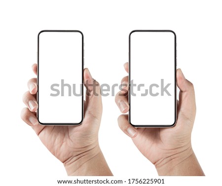 hand holding phone blank screen isolated with clipping path on white background.