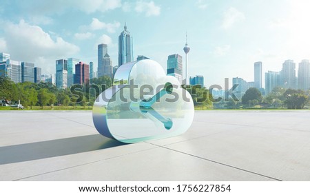 Transparent glass symbol of cloud with data share icon on floor with green city background. Mixed media Royalty-Free Stock Photo #1756227854