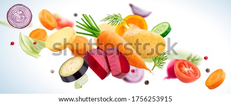 Falling mix of different vegetables, potatoes, cabbage, carrots, beets and onion with herbs and spices isolated on white background Royalty-Free Stock Photo #1756253915