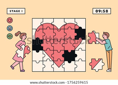 The man and woman are putting together a large heart jigsaw puzzle. flat design style minimal vector illustration.