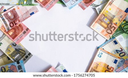 Mocup of Euro banknotes. Financial background. Different Euro banknotes frame. Business, finance, investment, saving and corruption concept. Closeup of Euro money over concrete background