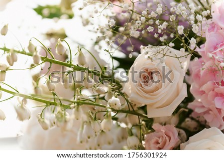Wedding flower arrangement and decoration. Empty copyspace and space for text. Holiday accessories and backgrounds