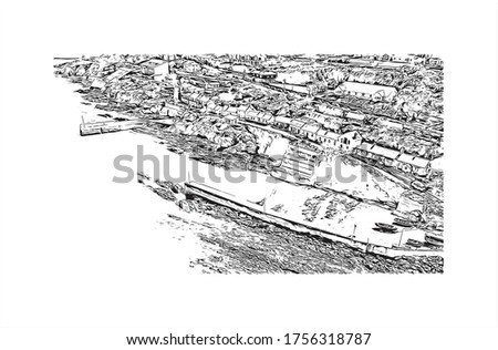 Building view with landmark of Waterford, a seaport in southeast Ireland, is the country’s oldest city. Hand drawn sketch illustration in vector.