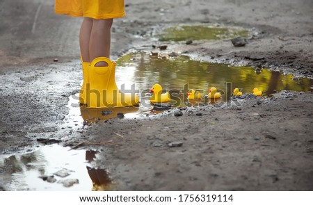 A girl in a yellow dress and yellow rubber boots lets a family of yellow ducks in a puddle. Bright picture of summer holidays. Summer rain. Spring 