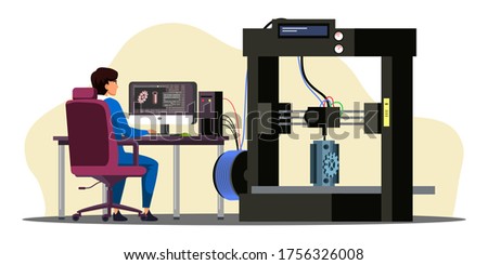 Professional equipment for advertising agency. Designer develops models on computer. Man engineer prints on 3d printer. 3D Printing technology, Prototyping Industry concept. Vector illustration Royalty-Free Stock Photo #1756326008
