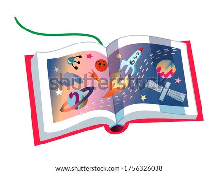 Children's book on astronomy, open pages with images of planets, space rockets, stars and objects. Vector cute illustration of kid educational literature, space and astronautics, studying of galaxy