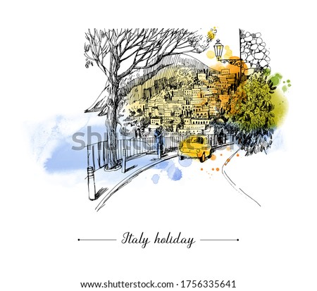 Summer holiday card. Illustration  of mediterranean landscape. Sketch and watercolor