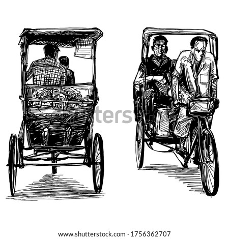 Drawing of tricycle rickshaws in India 