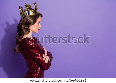 Profile photo of attractive lady prom queen status golden crown head arms crossed arrogant bossy person arms folded wear sequins burgundy dress isolated pastel violet color background Royalty-Free Stock Photo #1756400291