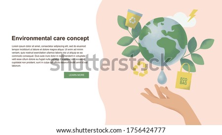 Environmental care and protection, sustainability concept. Slide or landing page layout with eco illustration. Hand and earth, recycle, energy, cloud, leaf, water, eco bag icons.