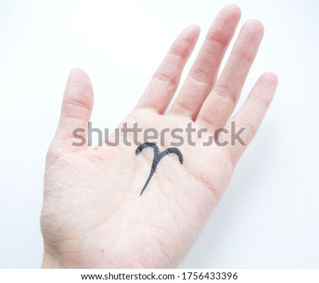 On the palm of a young girl with a black felt-tip pen is drawn the zodiac sign Aries, side view, on a light background. Features, characteristics of the sign Aries in the palm of your hand, lines