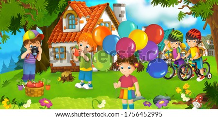 cartoon scene with beautiful farm brick house in the forest and children on the bicycle trip - illustration for kids