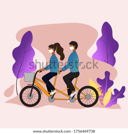 Couple of man and woman are riding a tandem bicycle outdoors. flat vector illustration