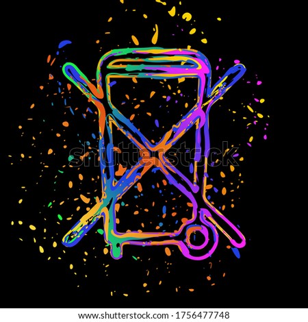 No trash bin, crossed litter. Linear icon with thin outline. Colored ink with splashes on black background