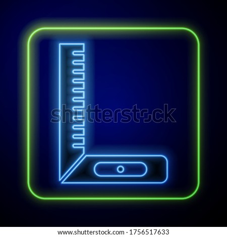 Glowing neon Corner ruler icon isolated on blue background. Setsquare, angle ruler, carpentry, measuring utensil, scale.  Vector Illustration