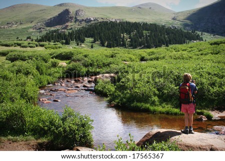 Summer Mountain Hiker taking photos by creek