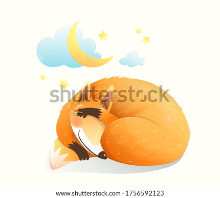 Cute sly red Fox sleeping under the moon and night starry sky, baby animal sweet and sleepy cunning red fox. Watercolor style vector cartoon illustration for kids room decoration or nursery art.