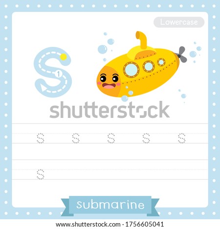 Letter S lowercase cute children colorful transportations ABC alphabet tracing practice worksheet of Submarine for kids learning English vocabulary and handwriting Vector Illustration.